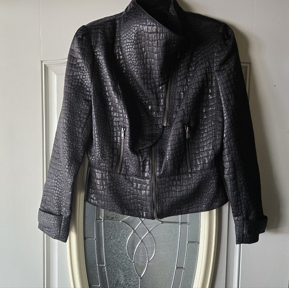 Worthington Croc Embossed Moto Jacket Medium Black Faux Leather Biker Chic - Picture 4 of 10